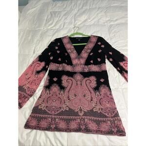VTG Y2K Paisley Hipster Blouse In Black/Pink W Semi Transparent Sleeves Size XL
